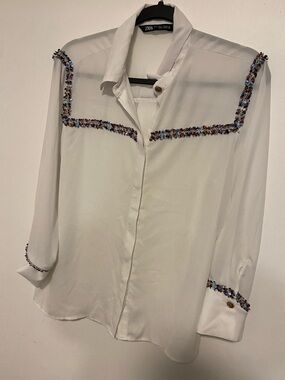 Zara White Button-Down Blouse with Multicolor Beaded Trim
